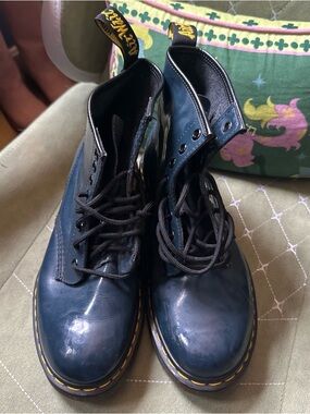 Dr. Martens Navy Patent 8-Eye Lace-Up Boots with Yellow Stitching